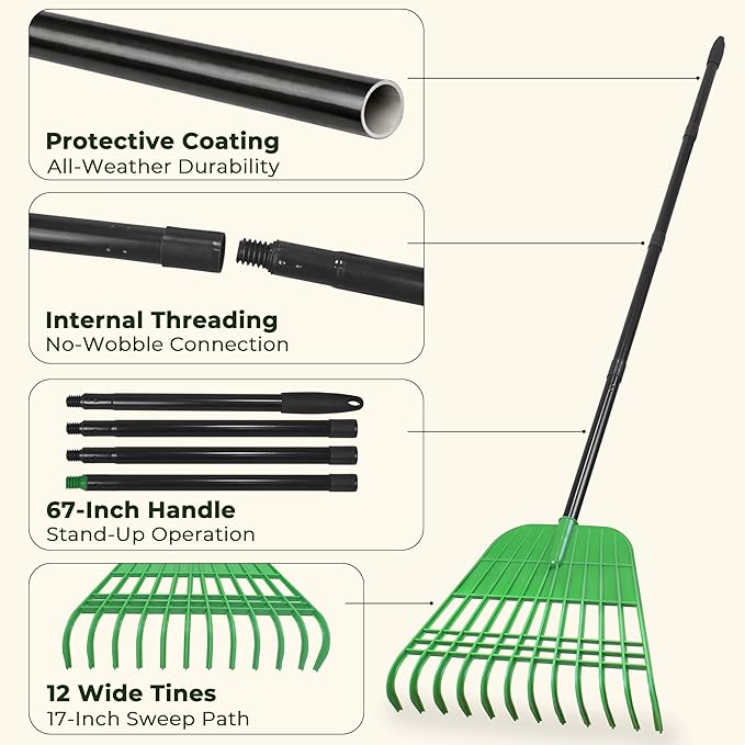 Gardzen 67 Inch Long Handle Rake for Leaves and Lawns, 12 Tines Plastic Head Leaf Rake for Artificial Grass, Pine Needles with Yard Waste Bag and Gloves