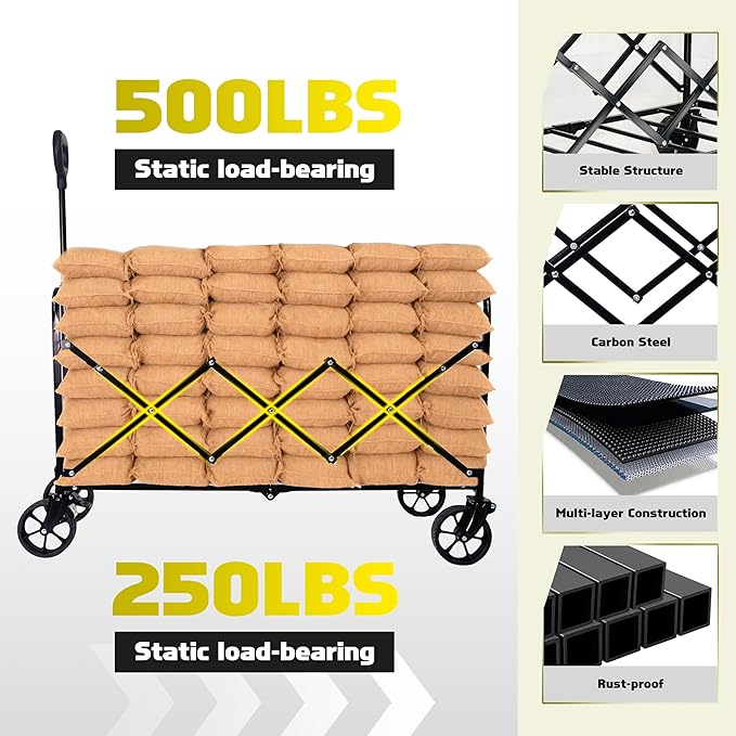 500LBS Collapsible Foldable Wagon Cart - 230L Large Wagons with Table, Heavy Duty Portable Utility Folding Cart with 360° Swivel Brakes Wheels & 2 Cup Holders, for Shopping Camping Beach Garden & Fish