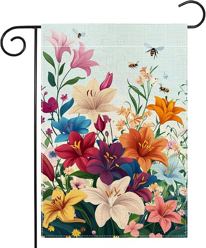 Spring Lily Colorful Floral Garden Flag 12x18 Inch Double Sided Welcome Summer Bee Flower Yard Outdoor Flag House Holiday Outside Decoration