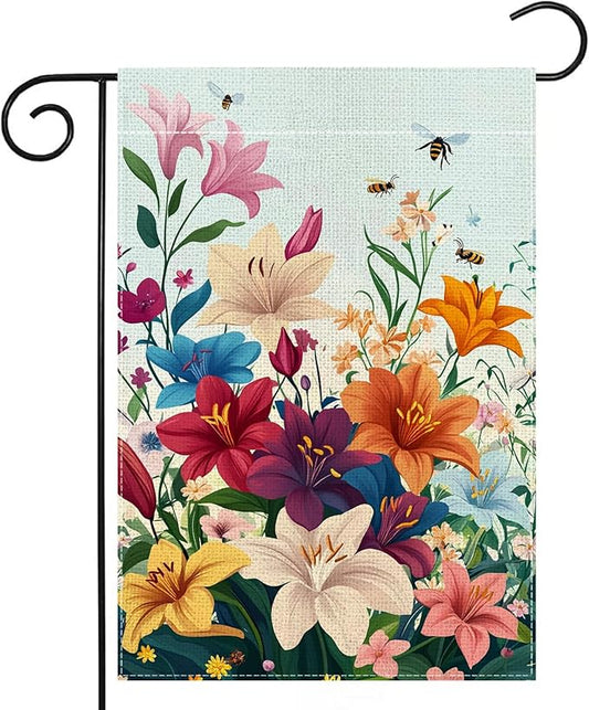 Spring Lily Colorful Floral Garden Flag 12x18 Inch Double Sided Welcome Summer Bee Flower Yard Outdoor Flag House Holiday Outside Decoration