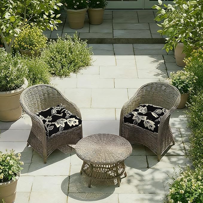 DYTXIII Set of 2 Outdoor Chair Cushions 19"x19"x4", Water Repellent Tufted Patio Seat Cushions with Ties, Thick Replacement Pads for Wicker Dining Chairs, Patio Furniture, Vines Black