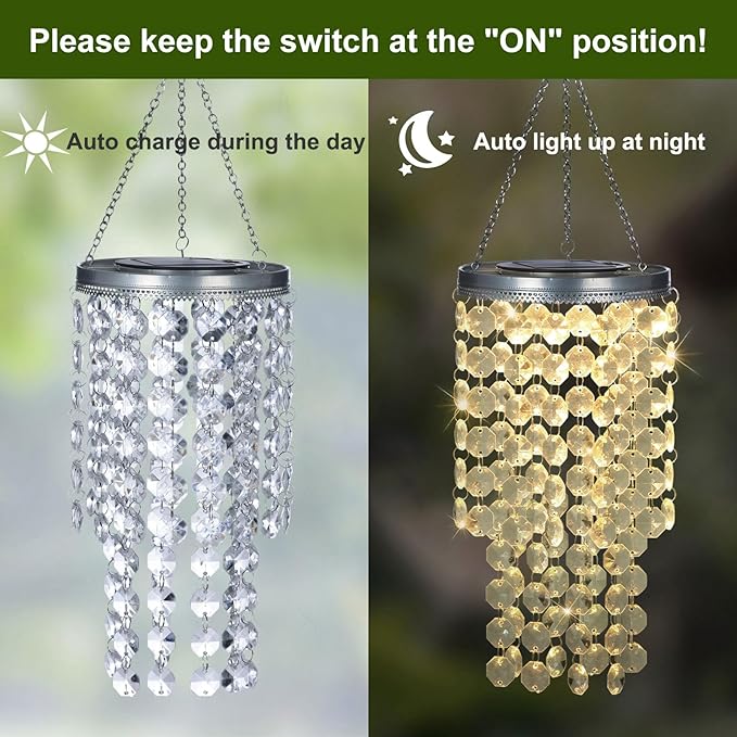 Hanging Solar Lantern Outdoor, 2 Tiers 21” Solar Transparent Acrylic Beaded Chandelier with Warm White LED S Hooks for Garden Yard Patio Gazebo Outside Decor