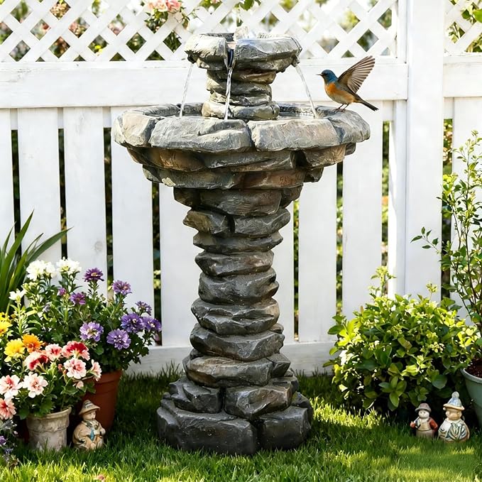 Sunlinua 29.7H Stone-Like Outdoor Water Fountain with LED Lights Italian Resin Garden Fountain for Patio Yard Weather-Resistant Cascading Waterfall Feature with Quiet Pump Elegant Backyard Décor