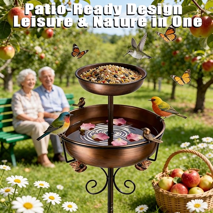 1.5 Gallon Lower Basin, 2 Tier Metal Bird Bath for Outside, 46.65 Inch Vintage Freestanding Bird Bath with Upgraded 5-Pronged Base, 2 in 1 Bird Bathing & Bird Feeding, Garden Patio Yard Lawn Decor