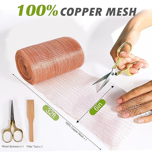 Copper Mesh Rodent Control 6" x 32 ft Copper Wool for Slugs Mice Pest Snail Bird Control Copper Wire for Weep Hole Covers Rodent Mesh