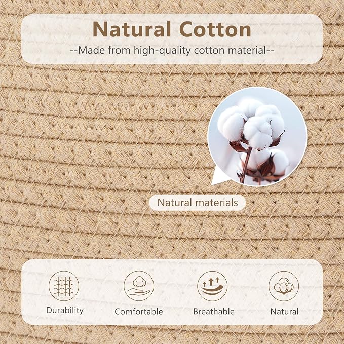 ECDYQXVU 15x10x9 Inch Woven Cotton Rope Storage Basket, 3 Pack | Foldable Design, Built-in Handles, Space-saving Organizer for Living Room, Bedroom, Laundry, Shelves, Clothes, Towels