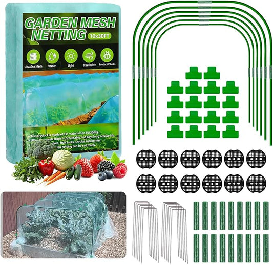 Garden Mesh Netting Kit, 10x30FT Green Ultra Fine Netting with 6 Sets Wide Garden Hoops & 18 Clips, Raised Garden Bed Netting with Frame, Row Cover, Plant Barrier for Vegetables Fruits