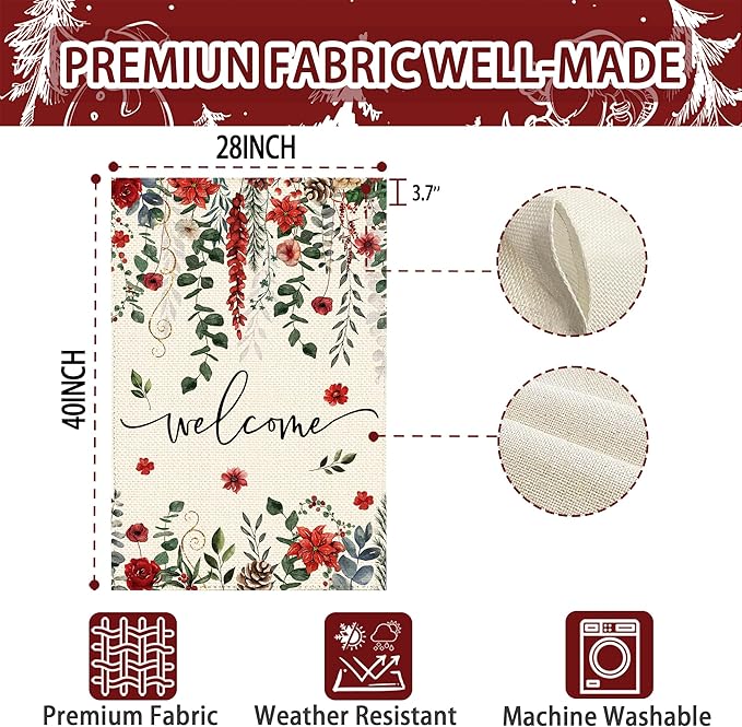 Winter Red Poinsettia Welcome Garden Flag 28x40 Inch Double Sided, Xmas Berry Burlap Large Yard Flag Winter Floral Farmhouse Flags Seasonal Patio Outdoor Outside Decoration