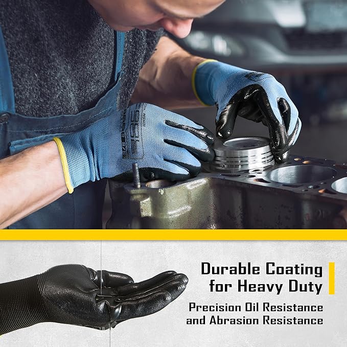 COOLJOB 10 Pairs Nitrile Dipped Safety Work Gloves with Grip, Non-slip Rubber Coated Bulk Garden Gloves for Men, Heavy-duty Oil Resistant for Truck Driver, Warehouse Box Handler, Small, Black Blue
