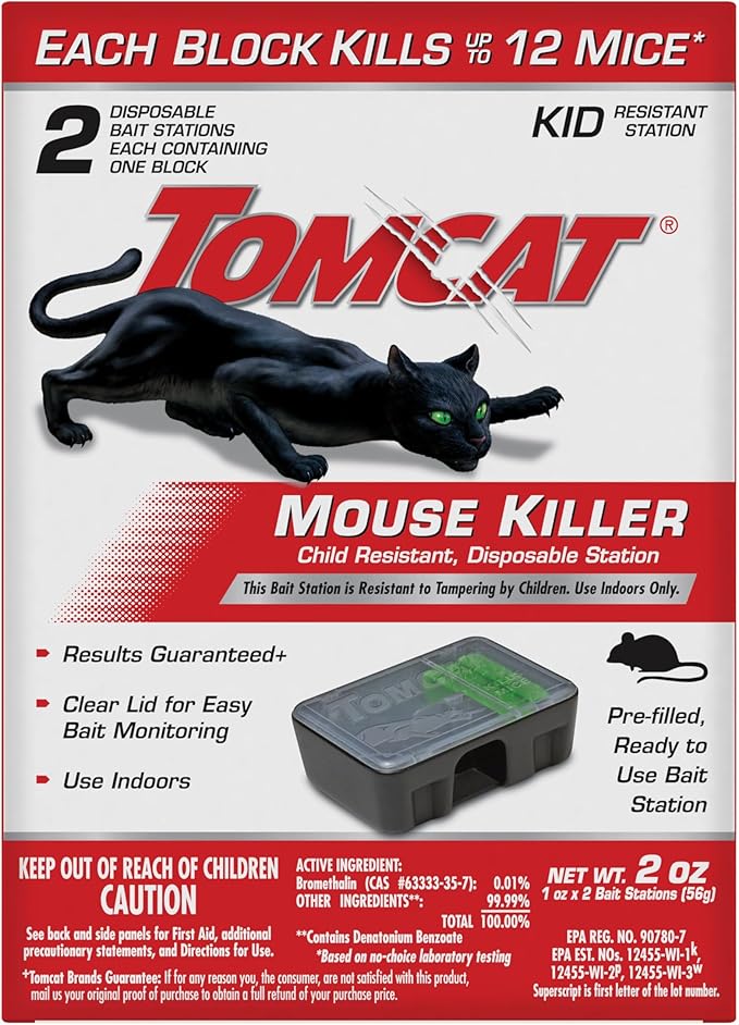 Tomcat Mouse Killer, Child Resistant, Disposable Station, 2 Stations | Tamper-Resistant Indoor Bait Station with Clear Monitoring Window, 2 Pre-Filled Ready-To-Use Bait Stations