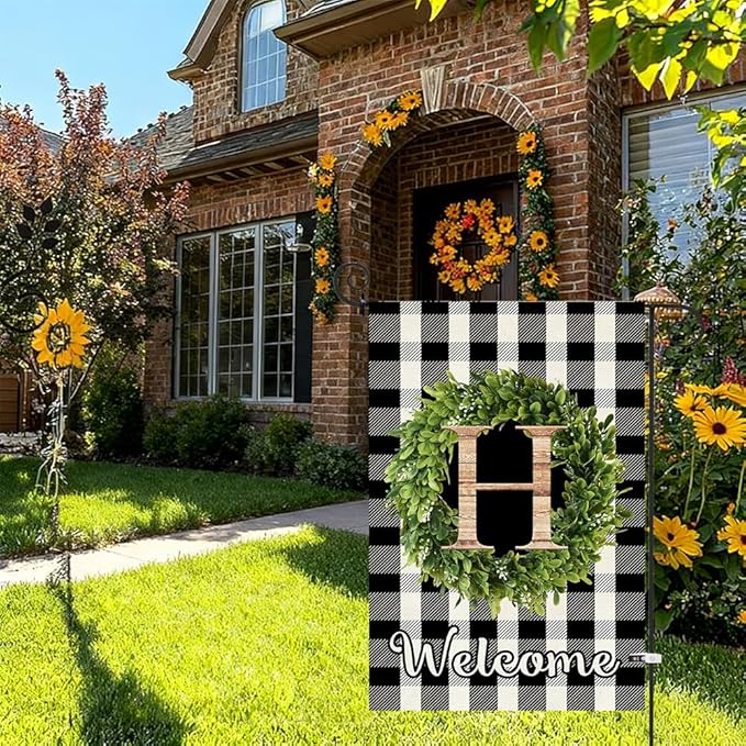 Baccessor Monogram Letter H Garden Flag 12.5 x 18 Inch, Buffalo Plaid Family Last Name Initial Boxwood Wreath Welcome Vertical Double Sided Small Flags for Outdoor Outside Decoration
