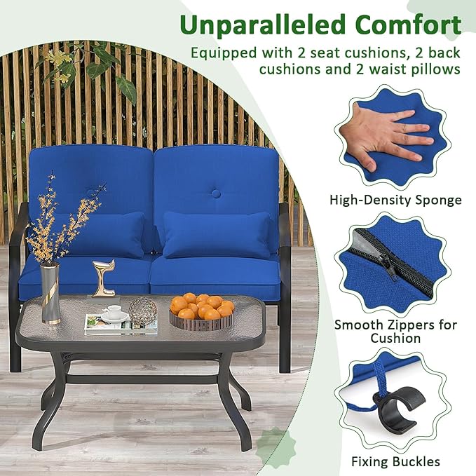 Tangkula Metal Patio Chairs Set of 4, Outdoor Dining Chairs with Seat & Back Cushions, Heavy-Duty Metal Frame, Ergonomic Patio Sofa Chair for Yard Garden Balcony Poolside (Blue)
