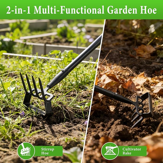 Garden Hoe, Heavy Duty Hula Hoe Garden Tool for Weeding, Adjustable Handle 37-82 Inch Cultivator Stirrup Hoe, Action Scuffle Loop Hoe with Rake 2-in-1 Gardening Tool