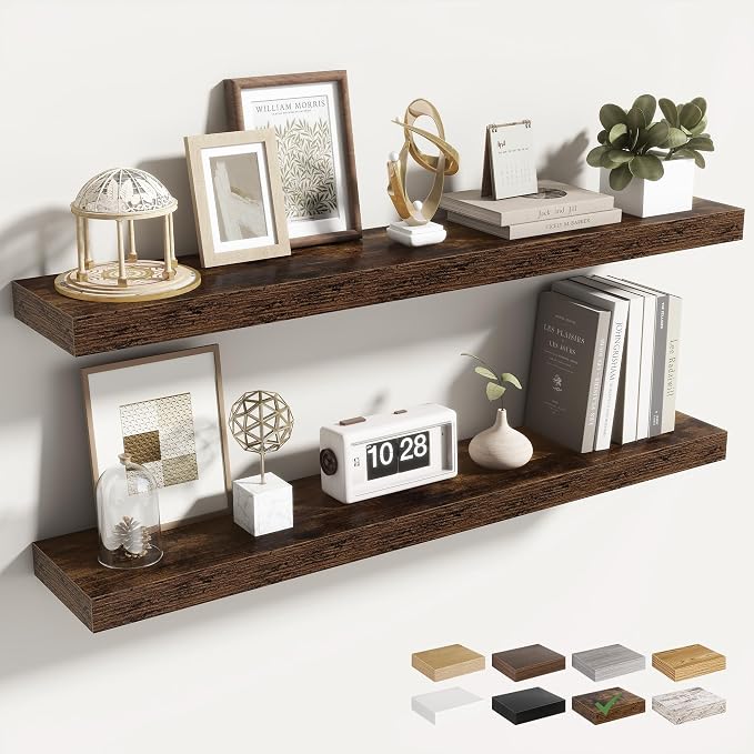 Acovy 36 Inch Floating Shelves for Wall 2 Pack, 36" Wall Shelves for Books, Storage, Decor, Wall Mounted Floating Shelf with Invisible Brackets for Kitchen, Living Room, Brown