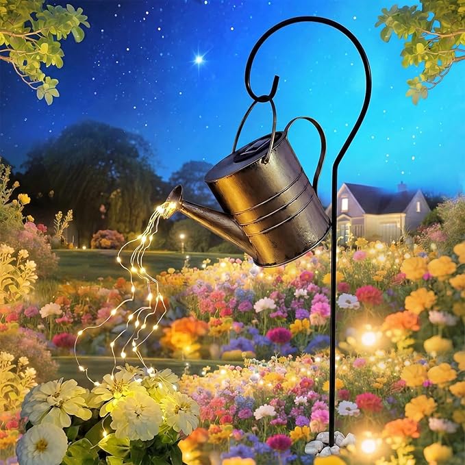Solar Watering Can Fairy Lights Outdoor Decor Fountain String Art Decorations for Garden Yard Patio Backyard, Waterproof Metal Landscape Path Ornament, Unique Mom Gift