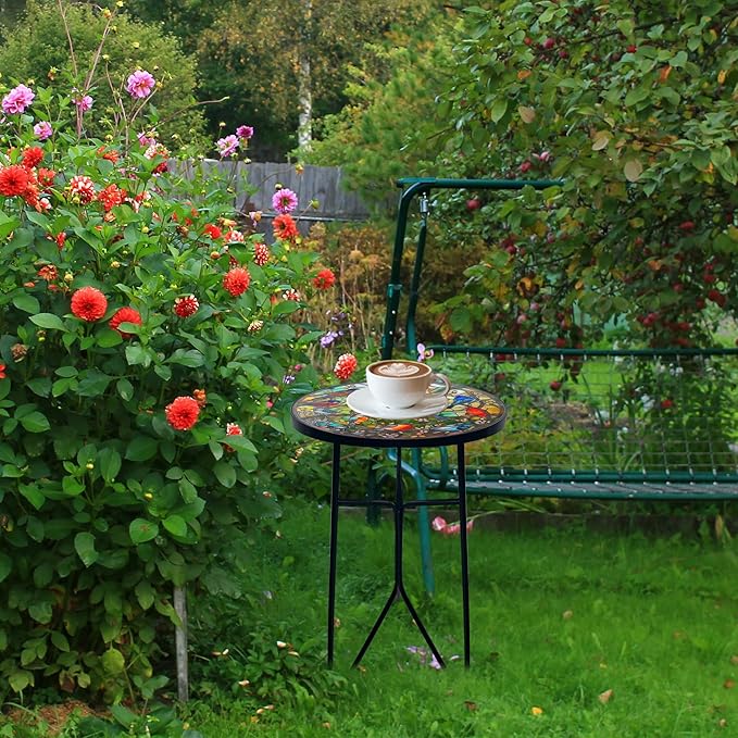 Mosaic Hummingbird Outdoor Side Tea Table, Glass Plant Tables Indoor Decorative Metal Patio Table, Outdoor Tables Unique Furniture - Weather-Resistant Patio Valentine's Day Decor