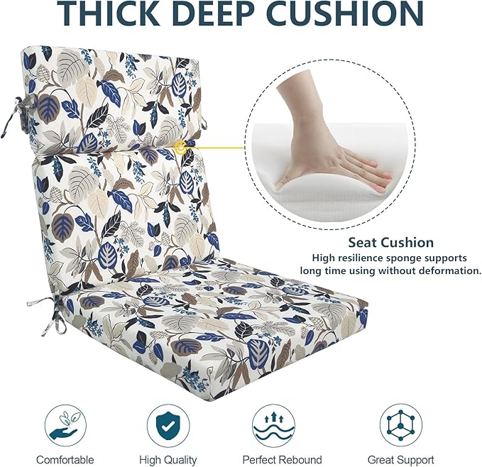 DYTXIII Outdoor High Back Chair Cushions Set of 2, 44"x22" Water Repellent Patio Seat Cushions with Elastic Sponge, All Weather Chair Pads for Rocking, Dining Chairs, Patio Furniture - Leaves Beige