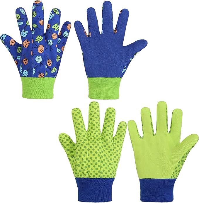 HANDLANDY 2 Pairs Kids Gardening Gloves, Girls Boys Children Garden Work Play Gloves (Green Ladybug & Dot, Small)