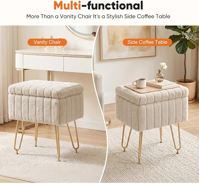 DUMOS Vanity Stool Chair with Storage, Small Ottoman Faux Fur Soft Padded Footstools Seat with 4 Metal Legs Anti-Slip Adjustable Feet Modern Footrest for Home Entryway Bedroom Makeup Camel