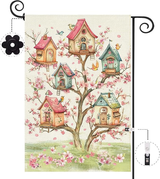 Baccessor Spring Birds Garden Flag Double Sided 12.5 x 18 Inch Burlap with Clip and Stopper,Pink Floral Flower Tree Flag Seasonal Farmhouse Front Yard Lawn Outside Outdoor Decoration