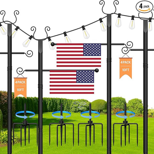 4 Pack String Light Poles 10 Ft - Patio Adjustable Stand with Fork, Backyard Heavy Metal Lighting Posts for Outside Deck Wedding Garden Party