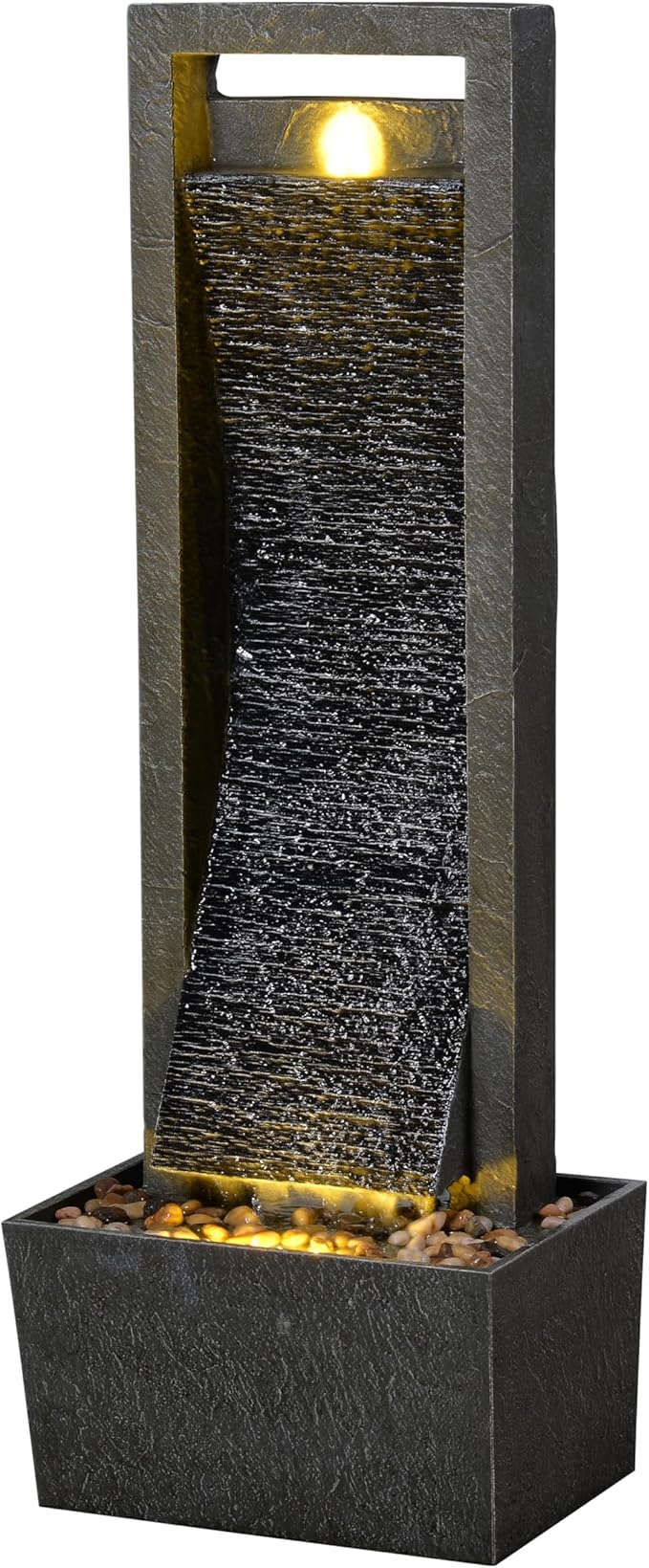 38.6 Inch Tall Indoor Outdoor Water Fountain, Modern Vertical Resin Waterfall with LED Light for Garden, Patio, Yard, Porch & Backyard Decor