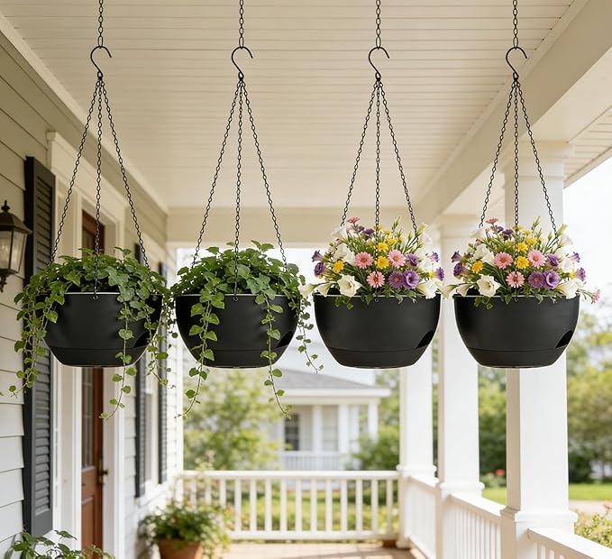 Set of 4-8 Inch Self Watering Hanging Planters for Indoor Outdoor，Hanging Plant Pots with Drainage & Removable Tray, Hanging Pots Holder for Ivy, Pothos, Ferns, Balcony & Patio, Black