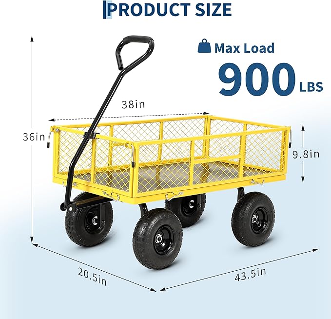 900 Lbs Heavy Duty Steel Garden Cart, Garden Wagon Cart on Wheels, Outdoor Metal Yard Utility Wagon Carts with and Mesh Removable Sides and 180°Rotating Handle,Yellow
