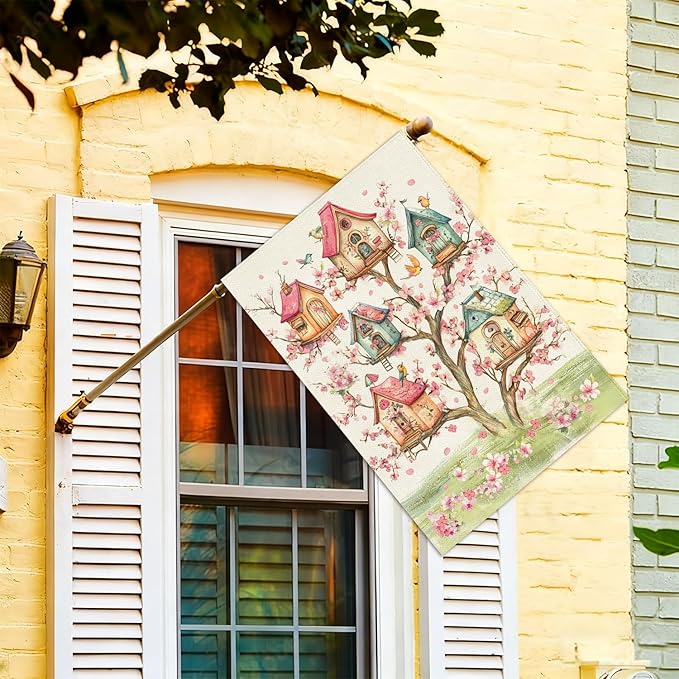 Baccessor Spring Birds House Flag Double Sided 28x40 Inch Burlap,Pink Floral Flower Tree Large Garden Flag Porch Patio Front Entry Yard Seasonal Farmhouse Outside Outdoor Decor