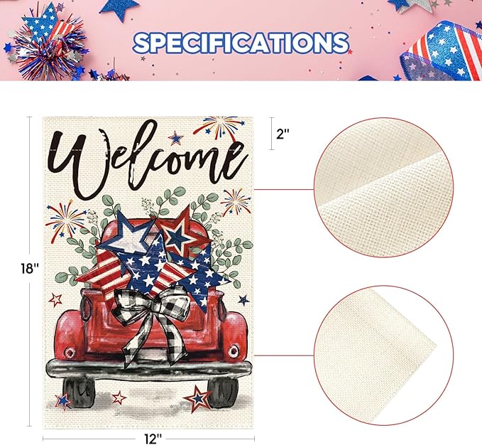 AVOIN colorlife Welcome Patriotic 4th of July Truck Garden Flag 12x18 Inch Double Sided, Rustic Farmhouse Yard Outdoor Decoration