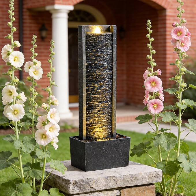 Outdoor Floor Standing Water Fountain with LED Lights, 36-Inch Modern Rectangular Cascading Waterfall Feature for Garden, Patio, Backyard, Deck & Home Decor, Durable Resin Stone-Look Finish