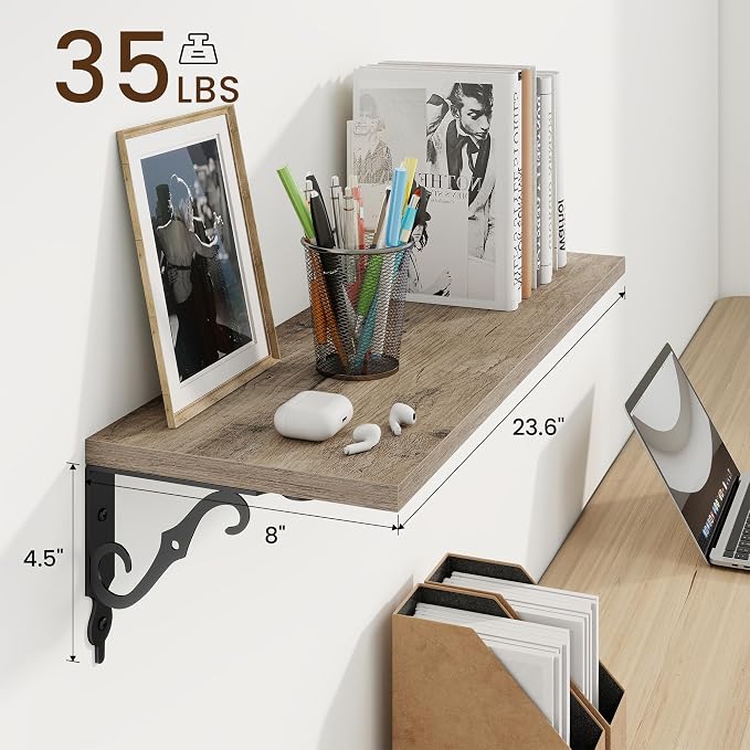 RICHFOCUS Floating Shelves for Wall Decor, 24Inch Shelves Set of 2, 24W x 8D Floating Shelves Wall Mounted with Metal Brackets, Rustic Wood Shelves for Living Room Bedroom Kitchen, Grey