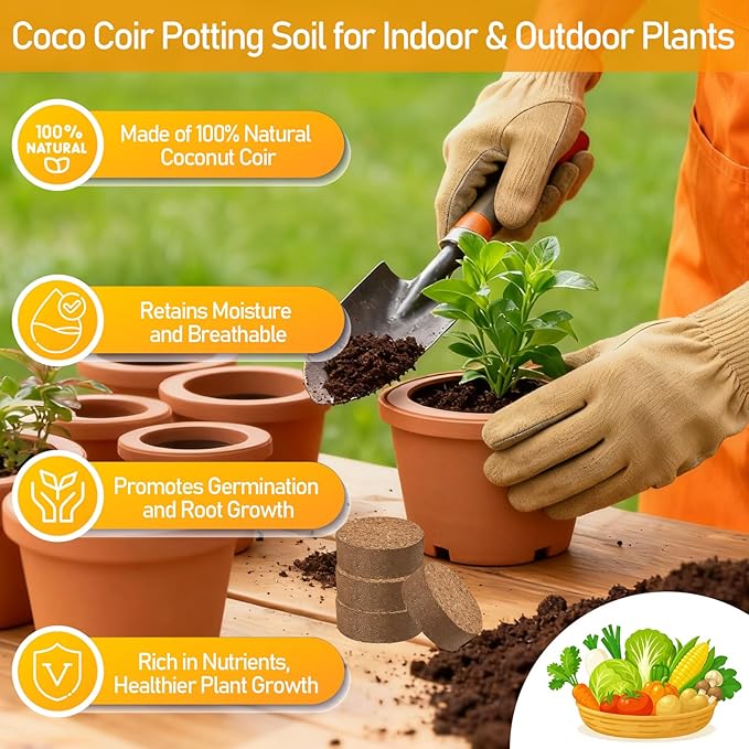 Legigo 100 PCS 40mm Coco Coir Pellets Potting Soil Mix- Compressed Coconut Coir Discs Seed Starting Soil Pellets, Coco Peat Soil Pods for Indoor & Outdoor Plants, Gardening Herbs Bonsai and Vegetables