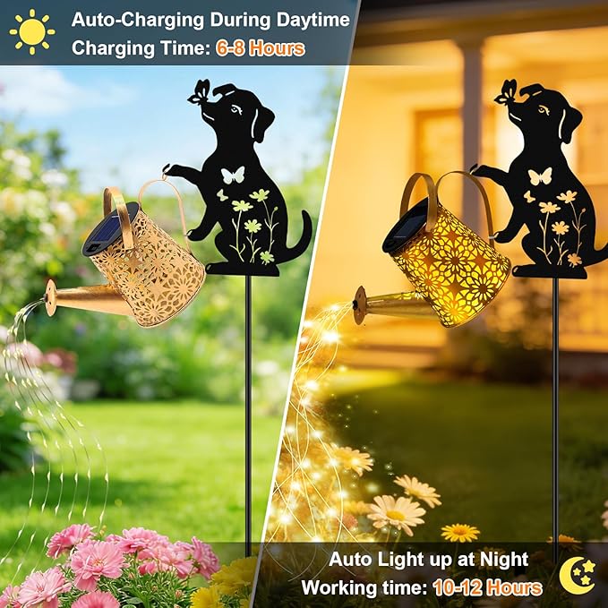 VOOKRY Solar Watering Can Lights Outdoor with Dog Silhouette Stake, Garden Gifts for Mom, Women & Garden Lovers Waterproof Metal Garden Lantern, Decorative Yard Patio Lawn Pathway Decor(2 Pack)