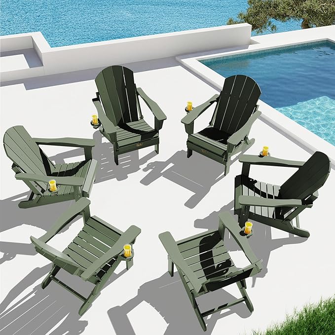 SERWALL Foldable Adirondack Chair with Cup Holder Set of 2 for Patio Garden Outdoors Fire Pit Chairs-Avocadogreen