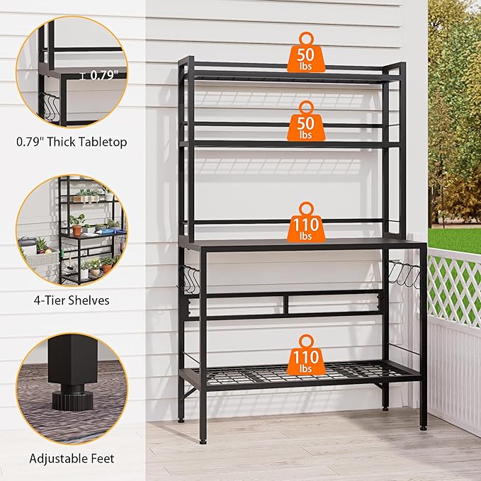 Outdoor Potting Bench Table with Storage, 63" Tall Metal Garden Workstation, 4-Tier Plant Stand Shelves with 8 Hooks, Heavy Duty All-Weather Potting Table for Patio, Backyard, Balcony, Black