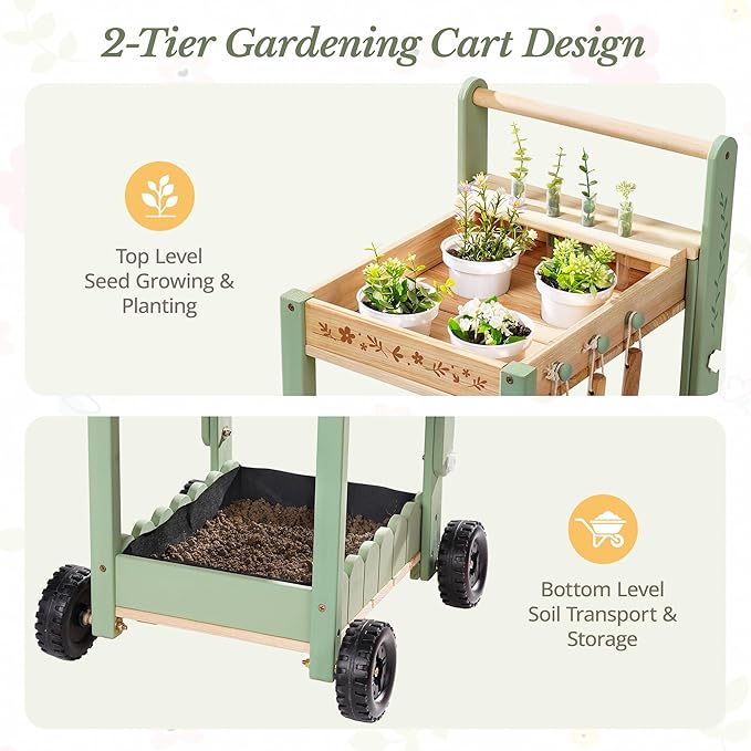 ROBOTIME Kids Gardening Tools with Cart Wheelbarrow - Wooden Outdoor Garden Toys Set with Watering Can, Shovel, Hand Rake & Plant Labels, Outdoor Backyard Play Toys for Toddler Gift (Green)
