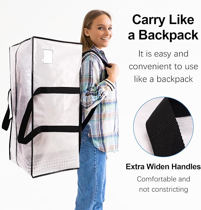 VELVETSURE 6 Pack Heavy Duty Large Moving Bags W/Backpack Straps - Strong Handles & Zippers, Storage Totes For Space Saving, Fold Flat, Alternative to Moving Box and Storage Bin, Semi-Transparent