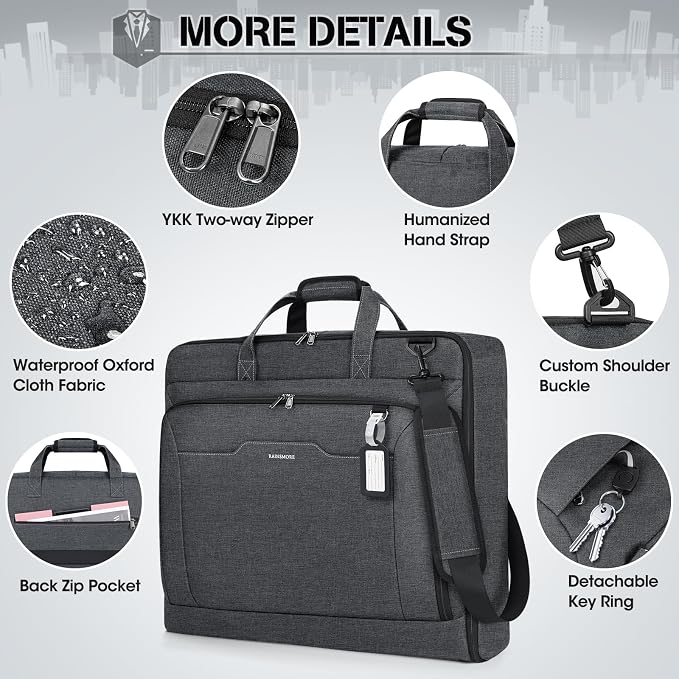 RAINSMORE Garment Bags for Travel Carry On Garment Bag for Hanging Clothes, Suit Bag for Business Trips with Shoes bag & Shoulder Strap, Waterproof Foldable Suit Luggage Bag for Men Women, Gray