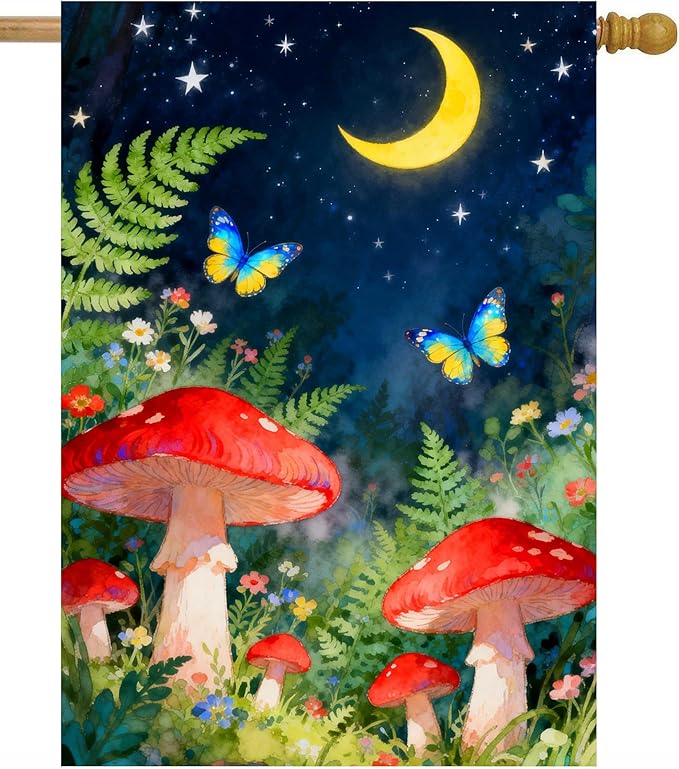 Fantasy Forest Night Fairy Moon Star Mushroom Butterfly Flowers House Flag 28" x 40" Double Sided Polyester Welcome Large Yard Garden Flag Banners for Patio Lawn Home Outdoor Decor