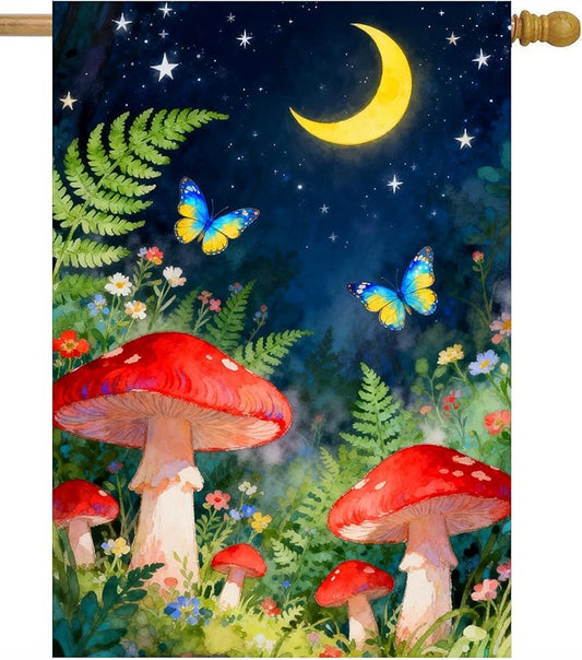 Fantasy Forest Night Fairy Moon Star Mushroom Butterfly Flowers House Flag 28" x 40" Double Sided Polyester Welcome Large Yard Garden Flag Banners for Patio Lawn Home Outdoor Decor