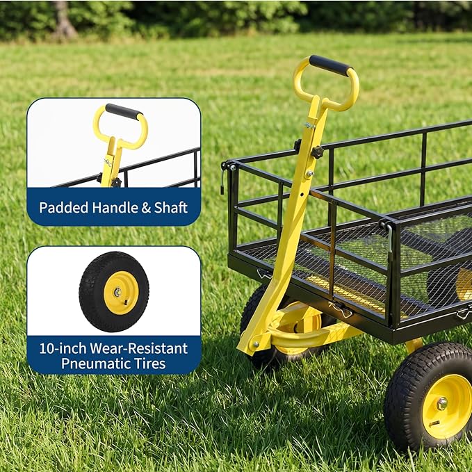  Heavy Duty Steel Garden Cart, 1200 LBS Load Capacity Garden Wagon with 10 inch Tire and 180° Rotating Handle Attach to ATV or Tractor Blac