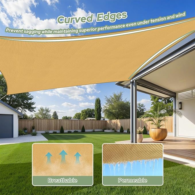 TasticTotes Rectangle Sun Shade Sail - 8' x 10', 95% UV Blockage, HDPE Sunshades for Outdoor Patio, Yard, Deck, Garden, Lawn, Permeable Awnings for Patio Shade with Reinforced Corners & Ropes (Sand)