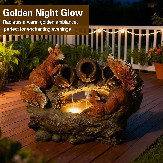 Sunlinua 24" L Squirrel Outdoor Water Fountain, Decorative Resin Water Fountain with LED Lights, Garden Waterfall Fountains Indoor and Outdoor for Patio, Porch, Courtyard, Home Decor