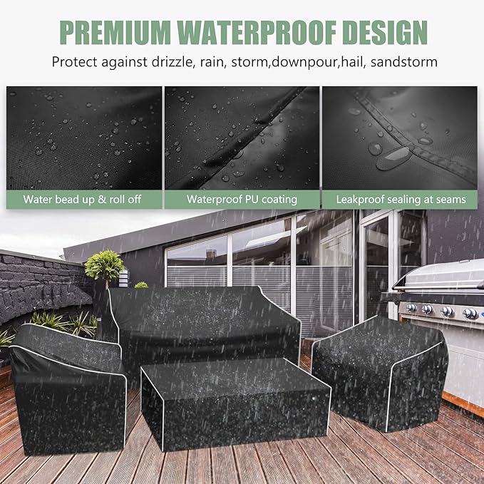Gasadar Patio Furniture Covers Set, 4 Piece Waterproof Outdoor Furniture Cover for Outdoor Coffee Table, Chair, and Loveseat, Heavy Duty 600D, Black