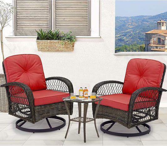 MELLCOM 3 Pieces Outdoor Swivel Rocker Patio Chairs, 360 Degree Rotation and Gliding Patio Furniture Set with Thickened Cushions and Glass Coffee Table for Backyard, Garden, Wine Red