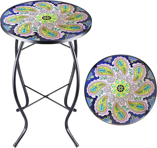 Arbuxzuy 12 Inch Small Outdoor Side Table with Purple Flower, Glass Mosaic Patio Table Indoor, Round Plant Coffee Table for Living Room, Balcony, Garden