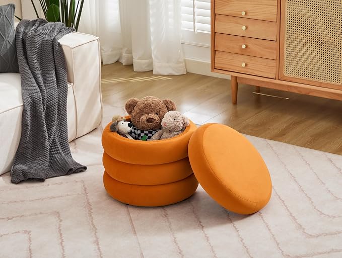 Flouki 19.5" Storage Ottoman Round, Vanity Stools for Bedroom, Velvet Pouf Ottoman with Removable Lid, Modern Ottoman Stool for Girls Women, Foot Stool for Living Room, Orange