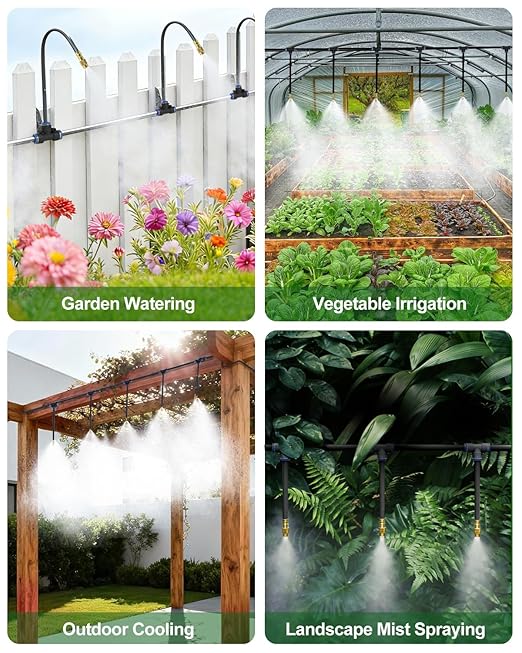 100FT Drip Irrigation System, 5/16" Hose Solves Dry End, 360° Adjustable Copper Nozzles Garden Watering System, Automatic Misting Irrigation Kit for Greenhouse, Yard, Lawn, Plants