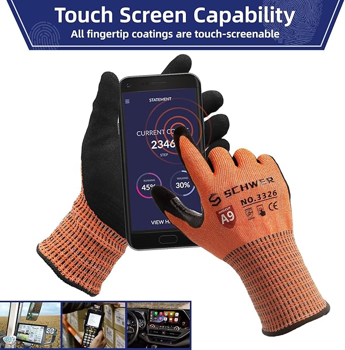 Schwer ProGuard Highest Level Cut Resistant Work Gloves PR3326 for Extreme Protection，ANSI A9 Cut Gloves with Reinforced Thumb, Non Slip, Breathable, Durable, Touch-screen, Orange 1 Pair XL